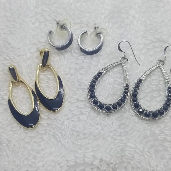 Hoop Earrings 3 Pairs Black Hoop Silver Gold Crystal Earrings - Picture 2 of 10